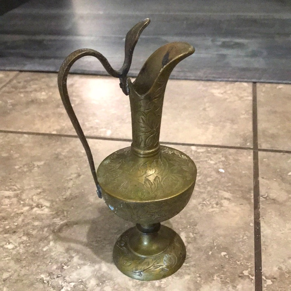 Vintage Bronze Engraved Ewer Urn Pitcher Jackal Head Handle Made in India